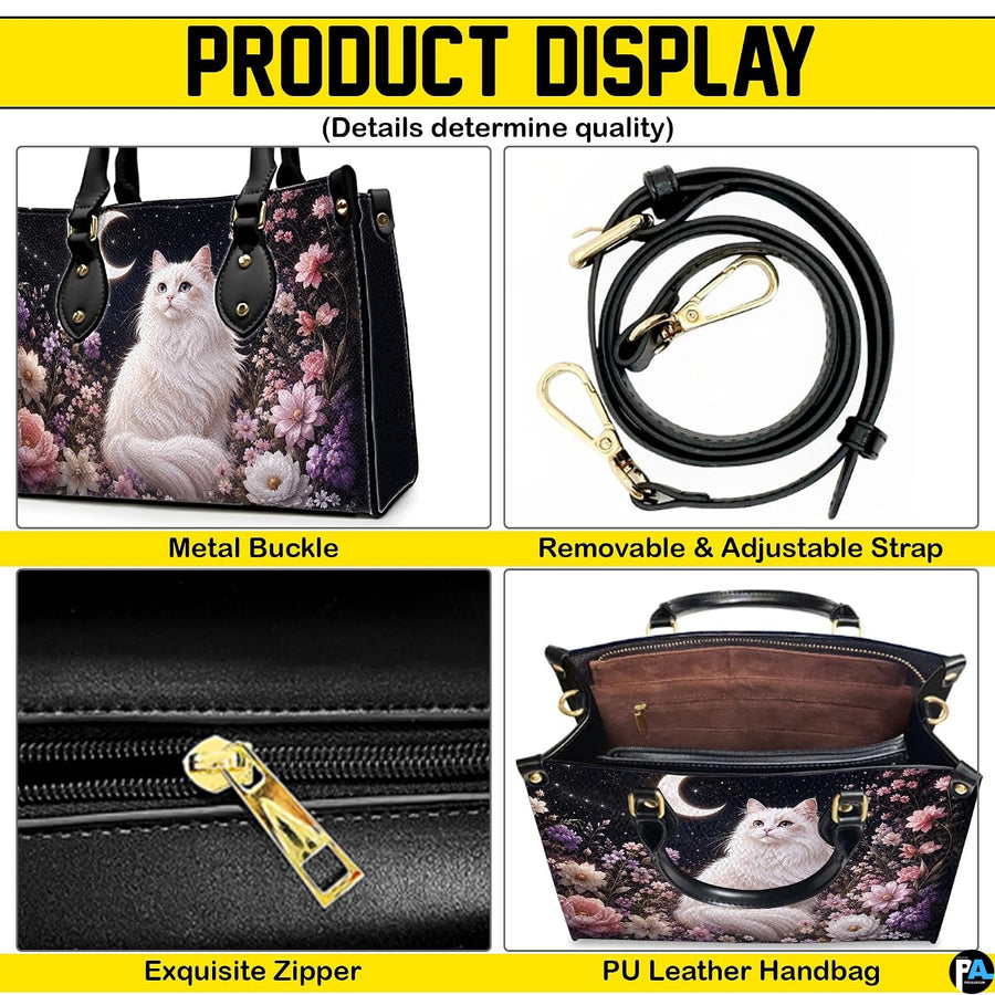 Four panel graphic showcasing component perspectives and visual elements of the feline artwork.