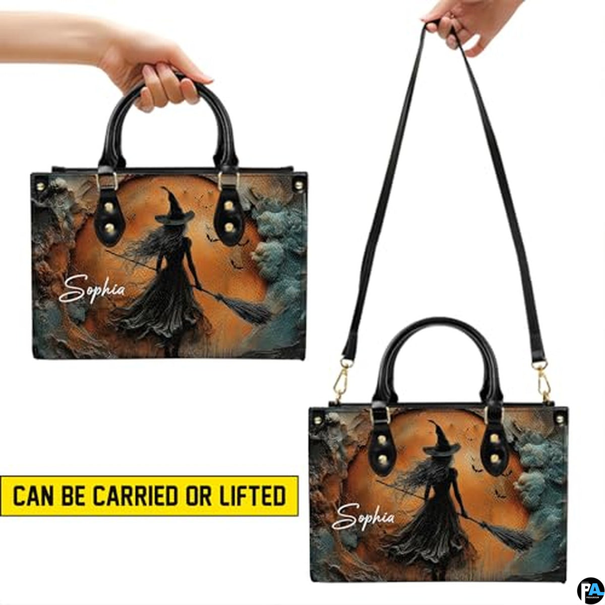 Personalized Halloween Leather Handbag – Custom Witch 3D Printing Effect Purses For Women – Spooky Gothic Shoulder Bag