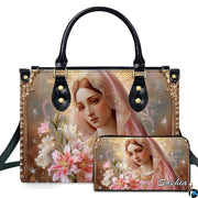 Virgin Mary and lilies devotional artwork on coordinated handbag and wallet set