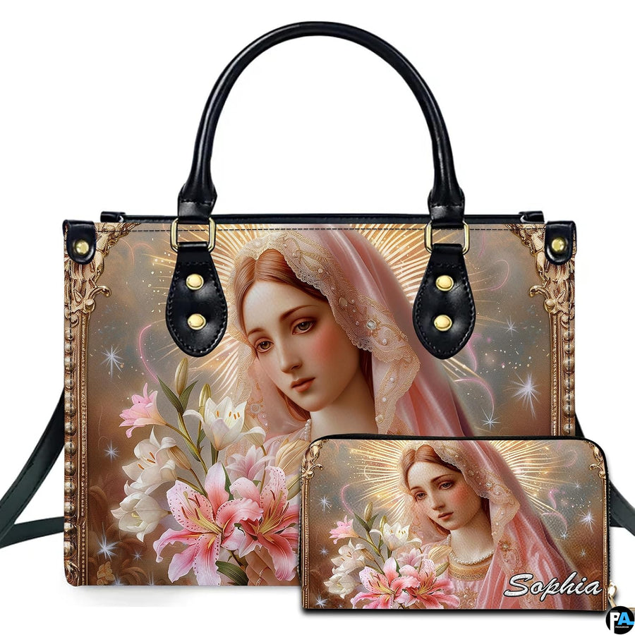 Virgin Mary and lilies devotional artwork on coordinated handbag and wallet set