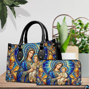 Side profile view of structured stained glass handbag showing silhouette and black handles