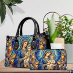 Side profile view of structured stained glass handbag showing silhouette and black handles