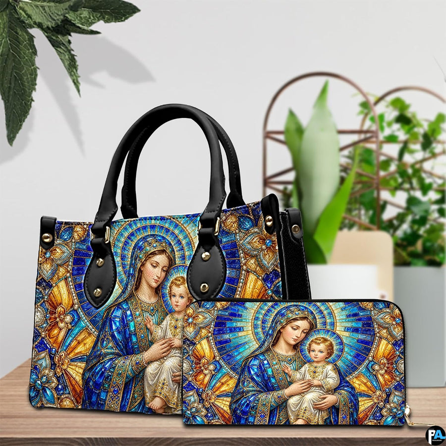 Side profile view of structured stained glass handbag showing silhouette and black handles