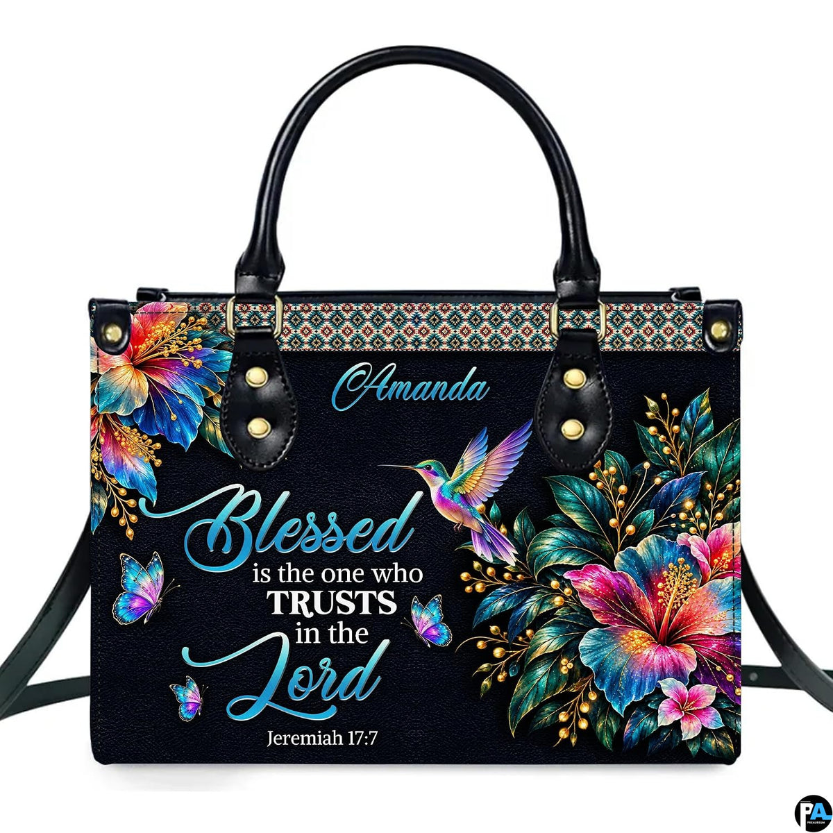 Christian rainbow hummingbird hibiscus handbag displayed alone on white background.