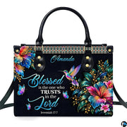 Christian rainbow hummingbird hibiscus handbag displayed alone on white background.