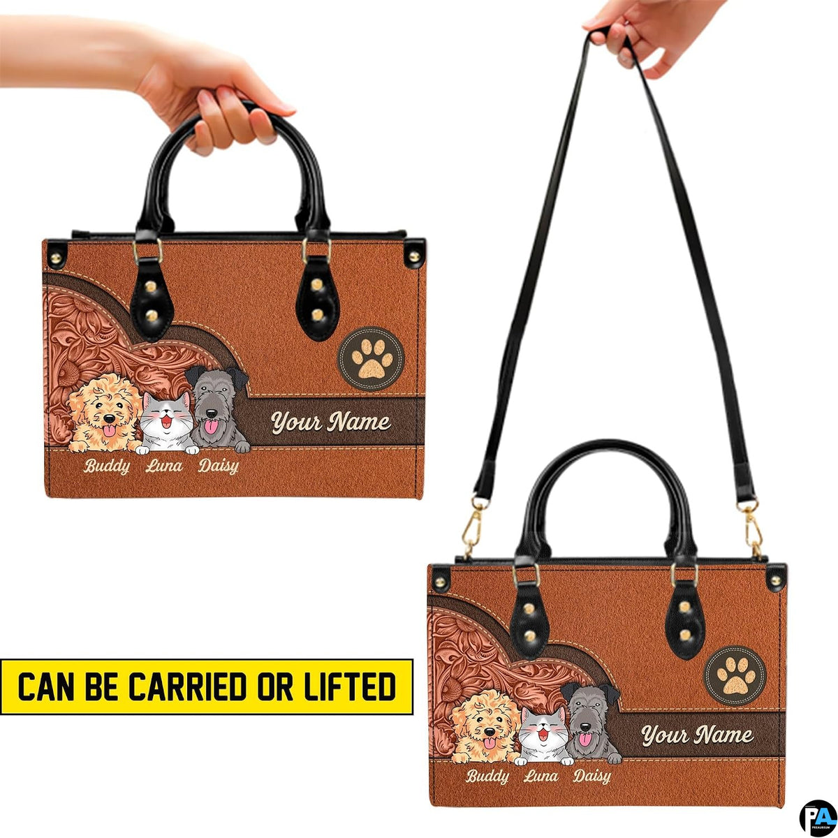 Detailed view of matching western pet trio zippered wallet with paw emblem
