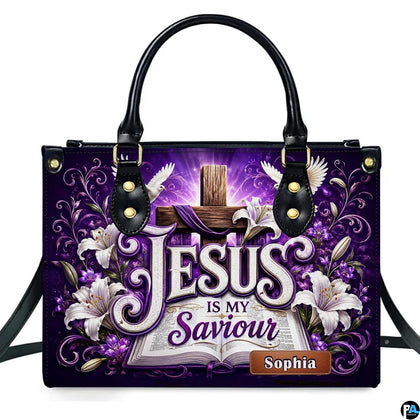 Devotional purple handbag showcasing draped Christian cross, white lilies, open scripture, and flying doves.