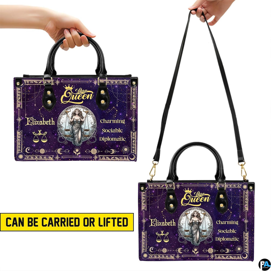 Illustration demonstrating two carrying options for Celestial Scales Satchel Handbag.