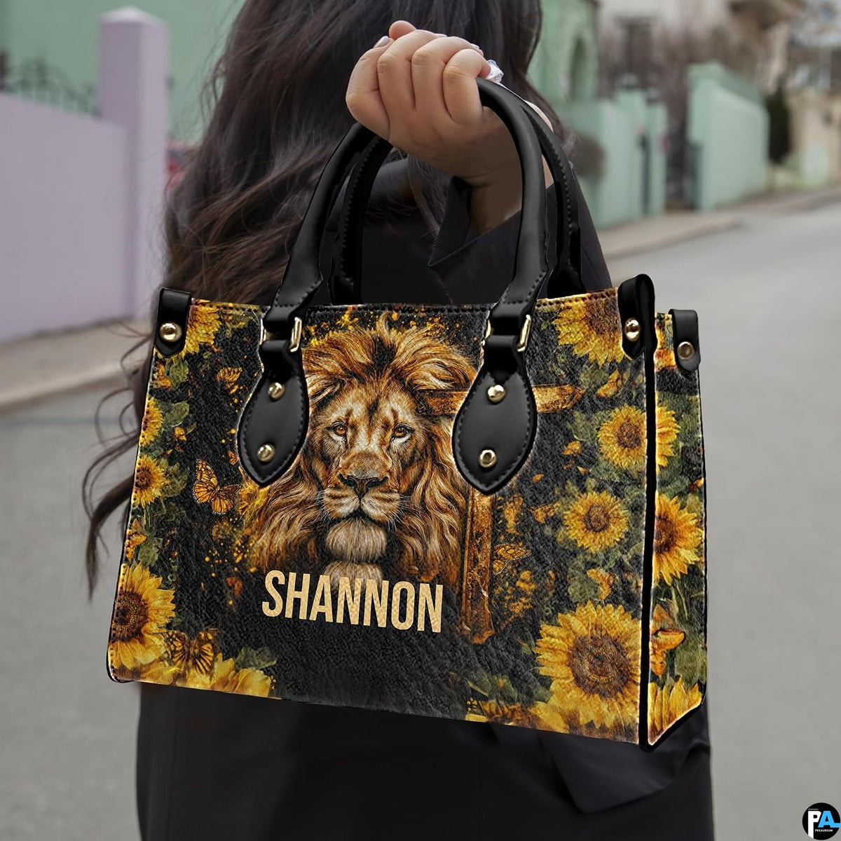Lion sunflower cross handbag paired with matching wallet in spiritual wildlife theme.