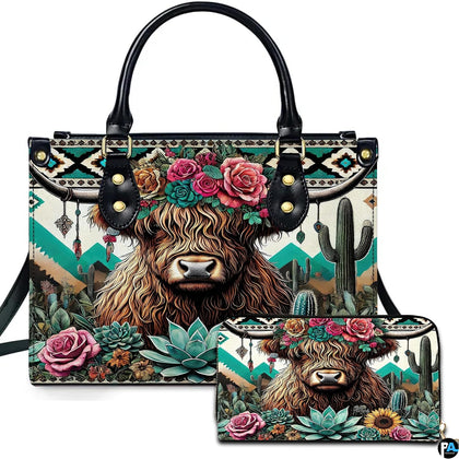 Southwestern Highland cow handbag and matching wallet with desert cactus and turquoise geometric patterns.