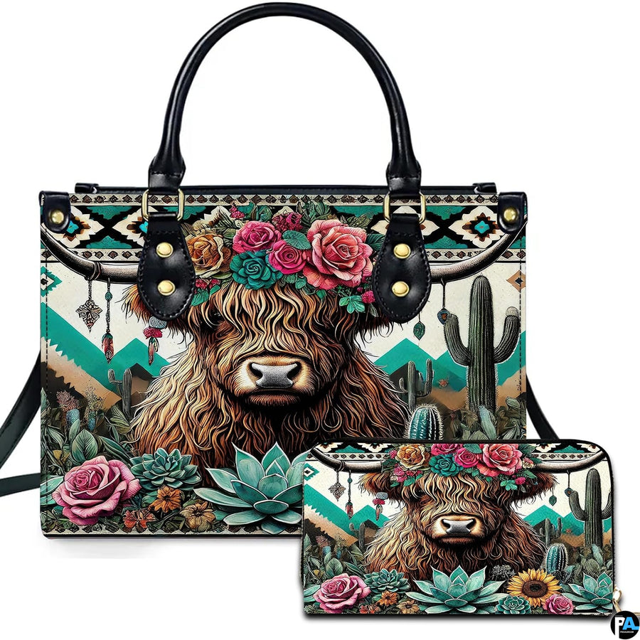 Highland Cow Leather Handbag Custom Cow Purse for Women Country Farm PU Leather Tote Gifts for Farmers Girls Mom Gift