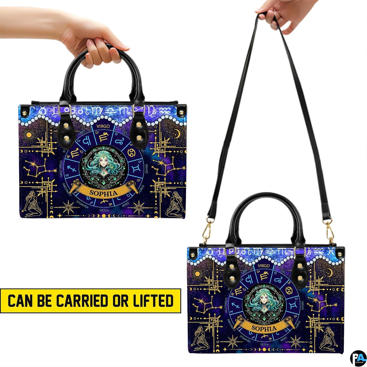Illustration demonstrating two carrying options for Celestial Maiden Satchel Handbag.