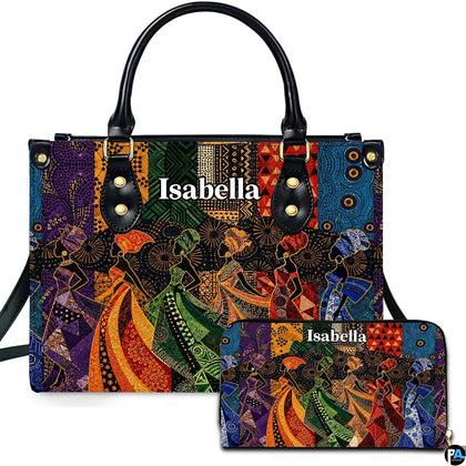 African sisterhood mosaic patchwork handbag with colorful traditional attire and matching wallet.