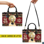 Demonstration of handheld and shoulder styling for the library bookshelf art handbag.