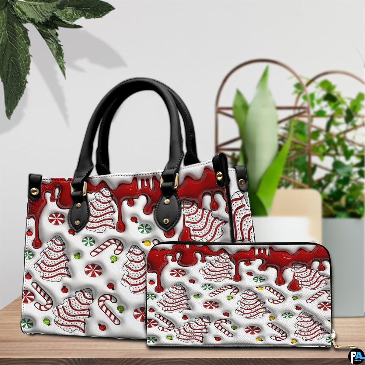 Lifestyle depiction showing product carried by handle in seasonal holiday setting.