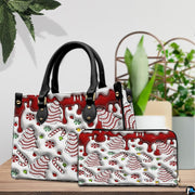 Lifestyle depiction showing product carried by handle in seasonal holiday setting.