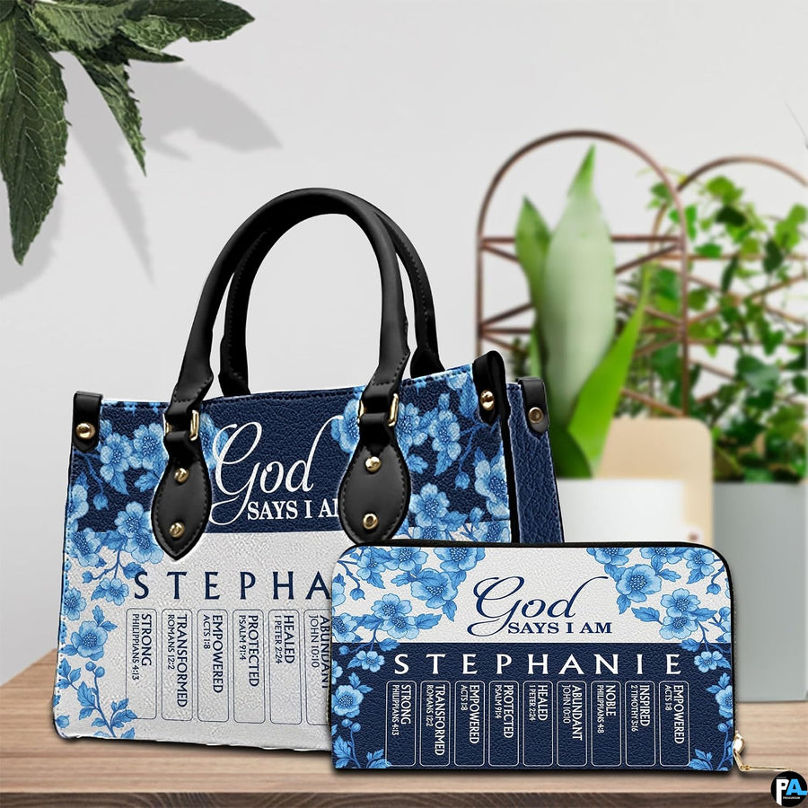 Blue porcelain floral artwork and matching companion accessory shown on wooden surface with indoor greenery.