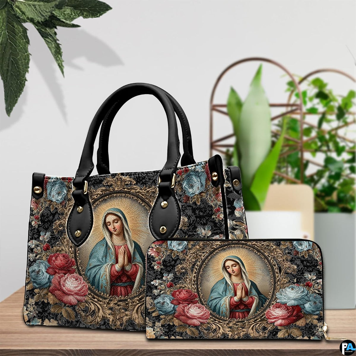 Matching handbag and zippered wallet set displayed together with Baroque Mary art.