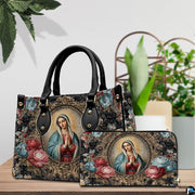 Matching handbag and zippered wallet set displayed together with Baroque Mary art.