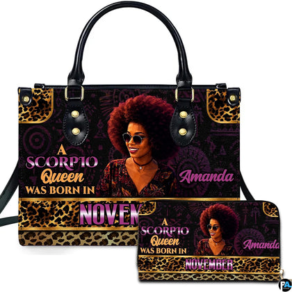 Scorpio queen auburn afro woman handbag with leopard borders and matching wallet.