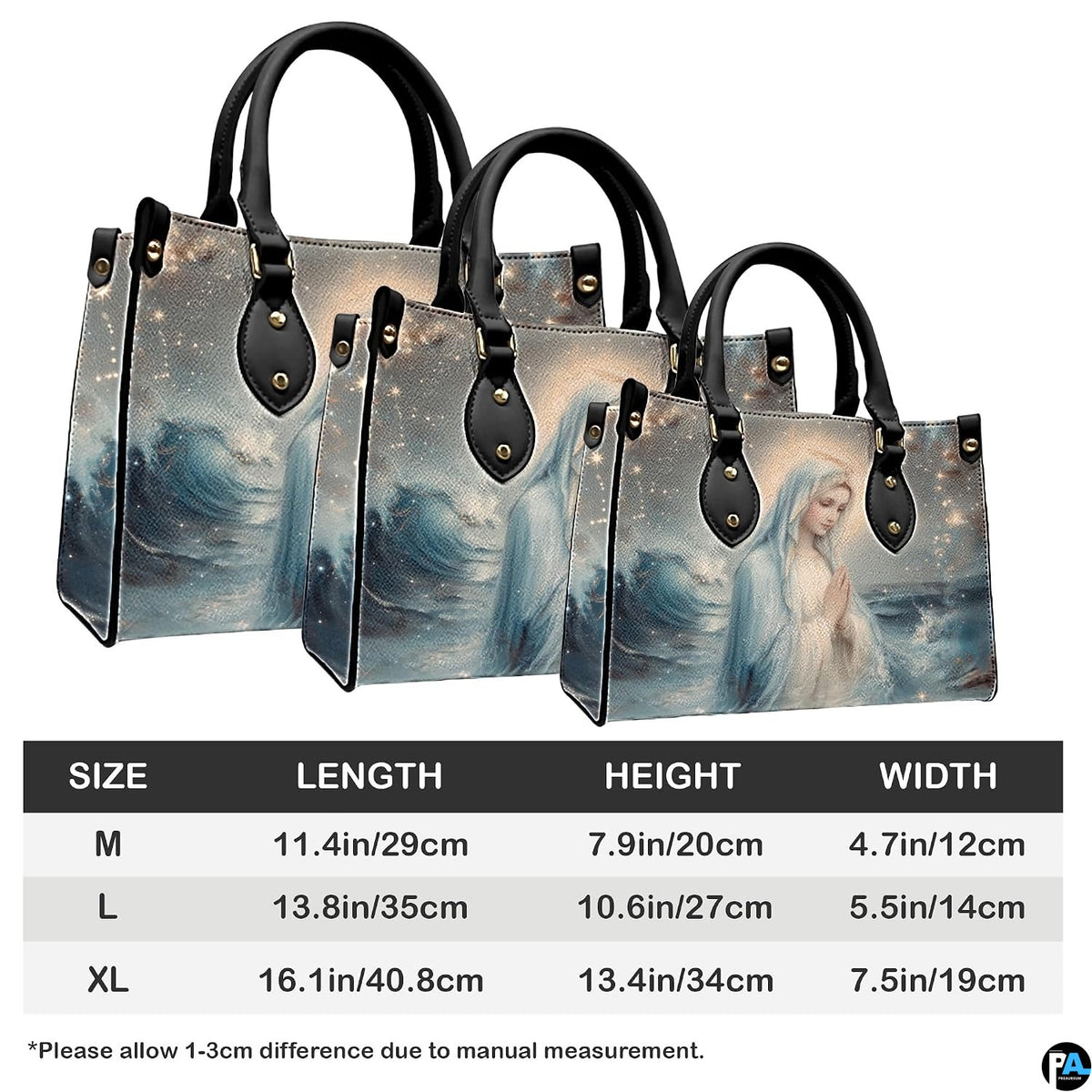 Handbag dimension chart indicating medium, large, and extra large size measurements.