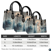 Handbag dimension chart indicating medium, large, and extra large size measurements.