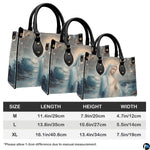 Handbag dimension chart indicating medium, large, and extra large size measurements.