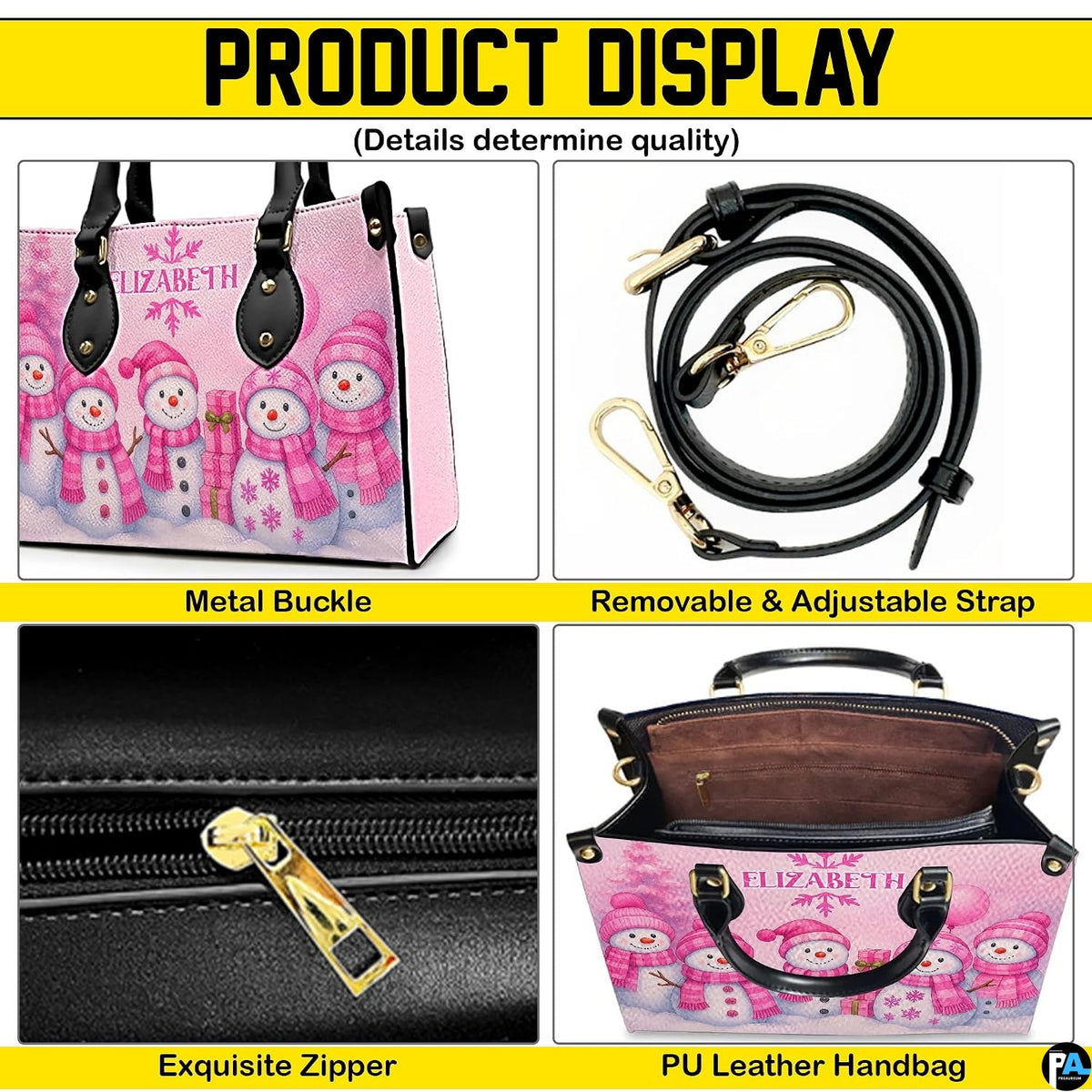 Product display highlighting gold buckles, detachable shoulder strap, top zipper closure, and interior lining.