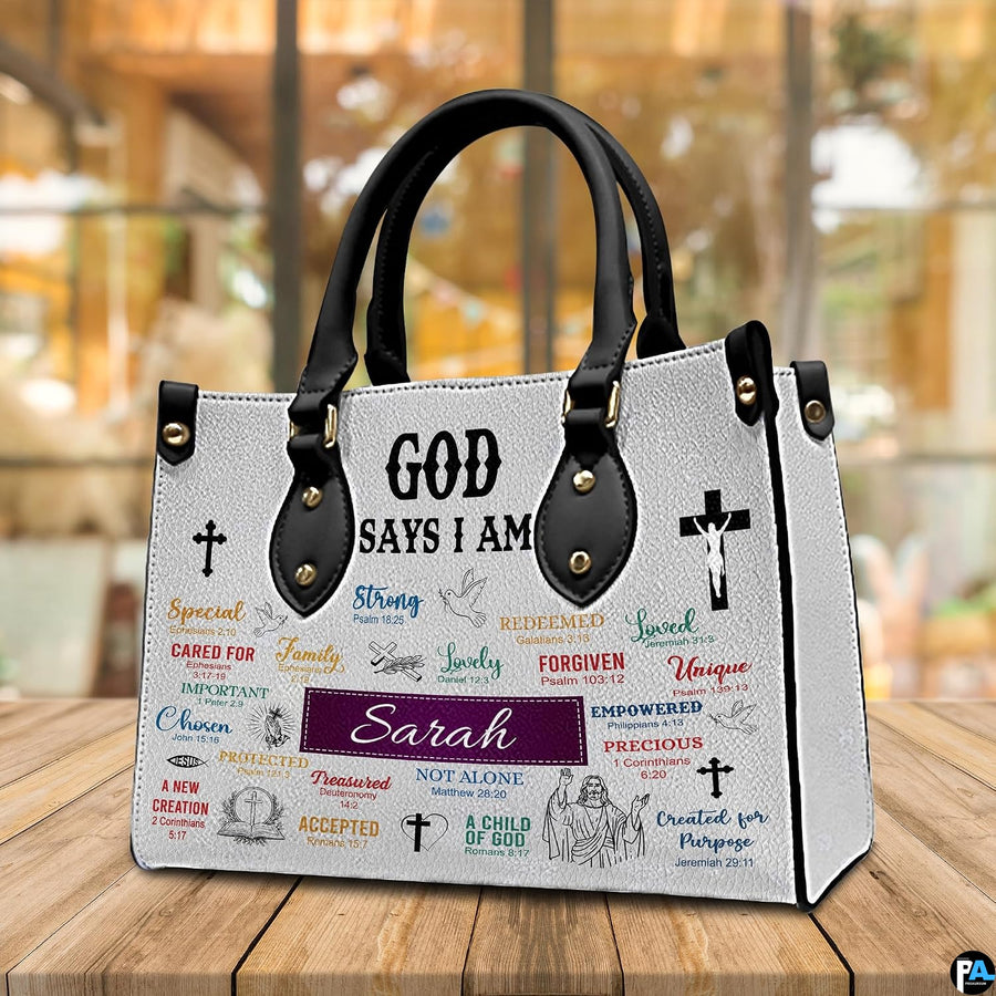 Scripture affirmation handbag arranged on wooden table before sunlit window.