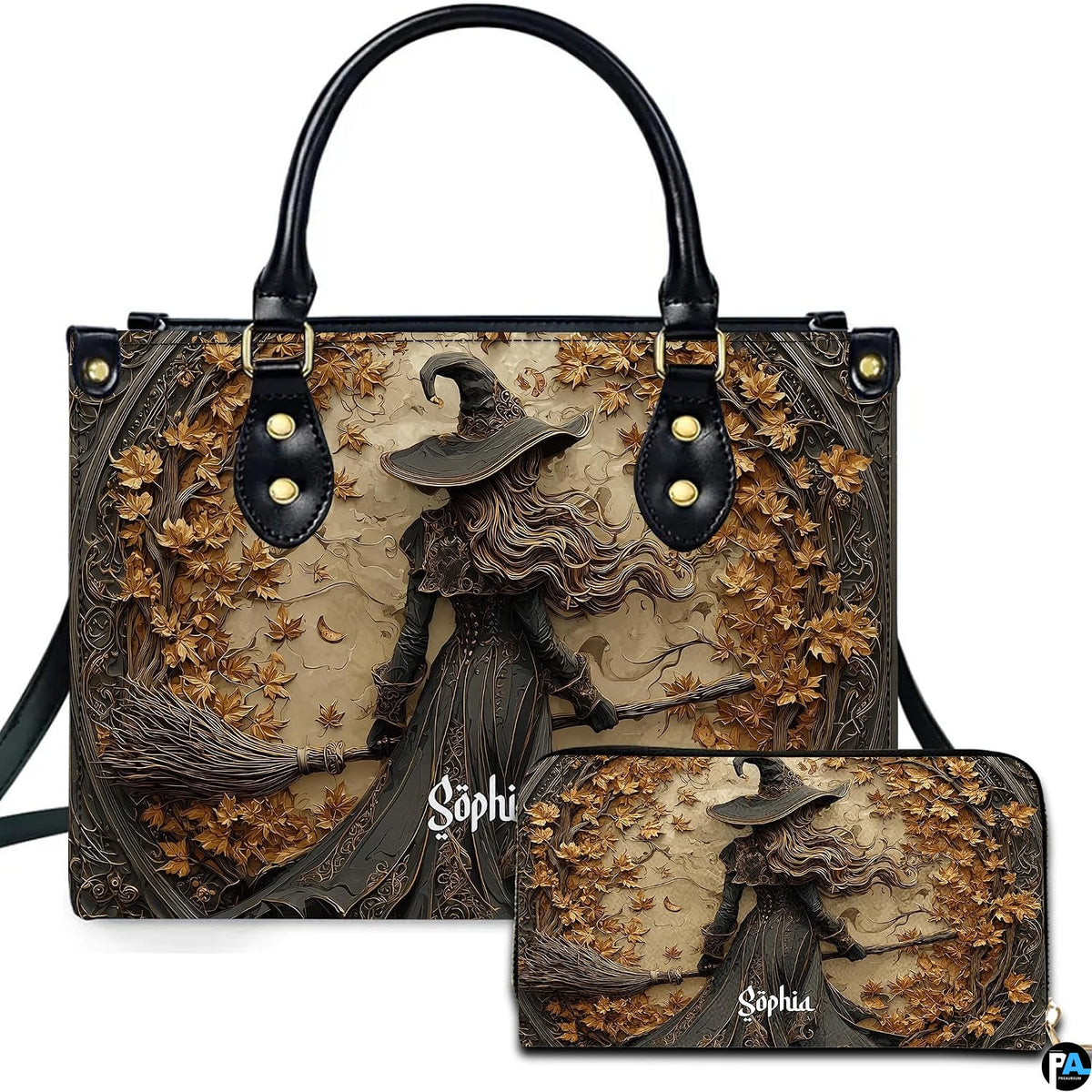 Gothic autumn witch broomstick handbag and matching wallet set displayed upright on white background.
