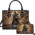 Gothic autumn witch broomstick handbag and matching wallet set displayed upright on white background.