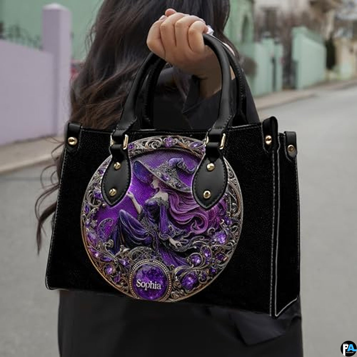 Personalized Halloween Leather Handbag – Custom Witch 3D Printing Effect Purses For Women – Spooky Gothic Shoulder Bag