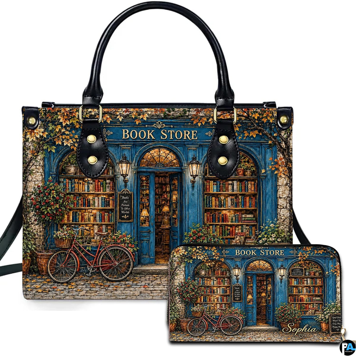 Front view of accessory set featuring blue autumn bookshop facade, golden vines, glowing windows, and red bicycle
