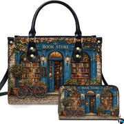 Front view of accessory set featuring blue autumn bookshop facade, golden vines, glowing windows, and red bicycle