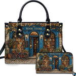 Front view of accessory set featuring blue autumn bookshop facade, golden vines, glowing windows, and red bicycle