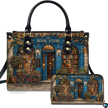 Front view of accessory set featuring blue autumn bookshop facade, golden vines, glowing windows, and red bicycle