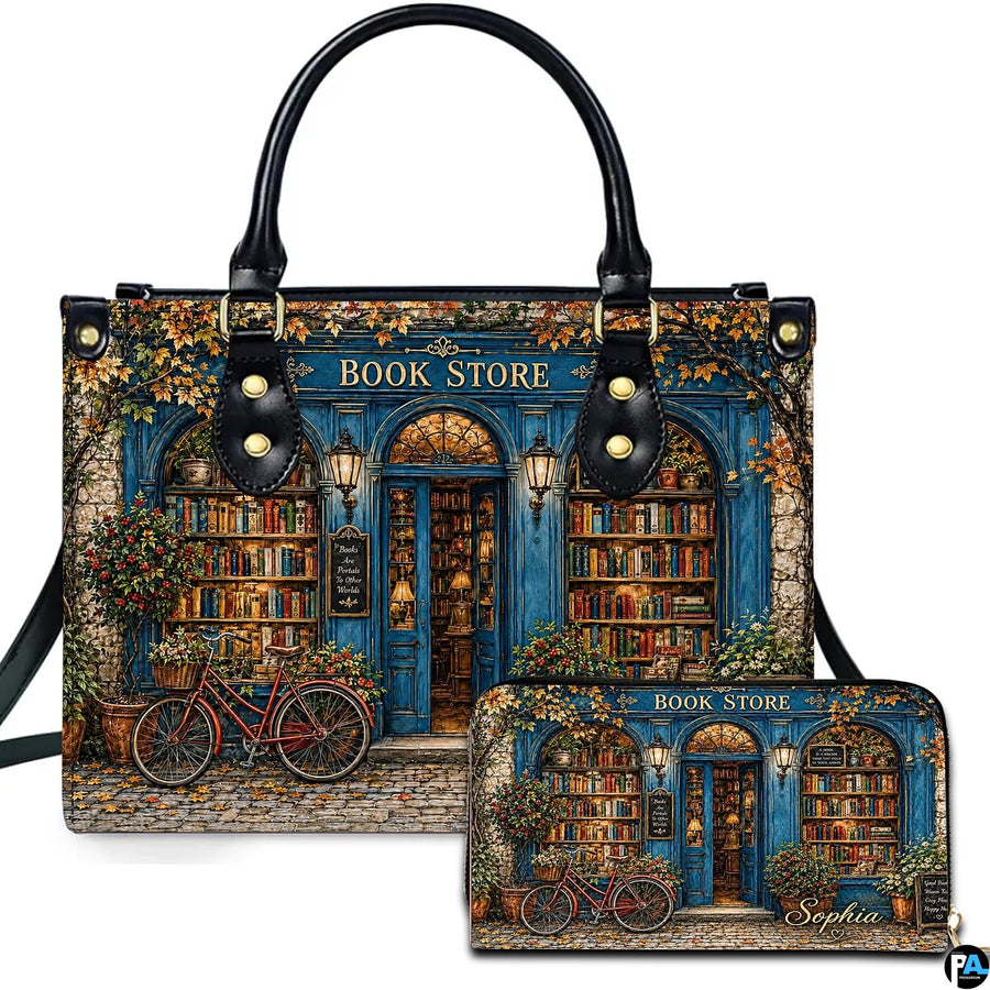 Front view of accessory set featuring blue autumn bookshop facade, golden vines, glowing windows, and red bicycle