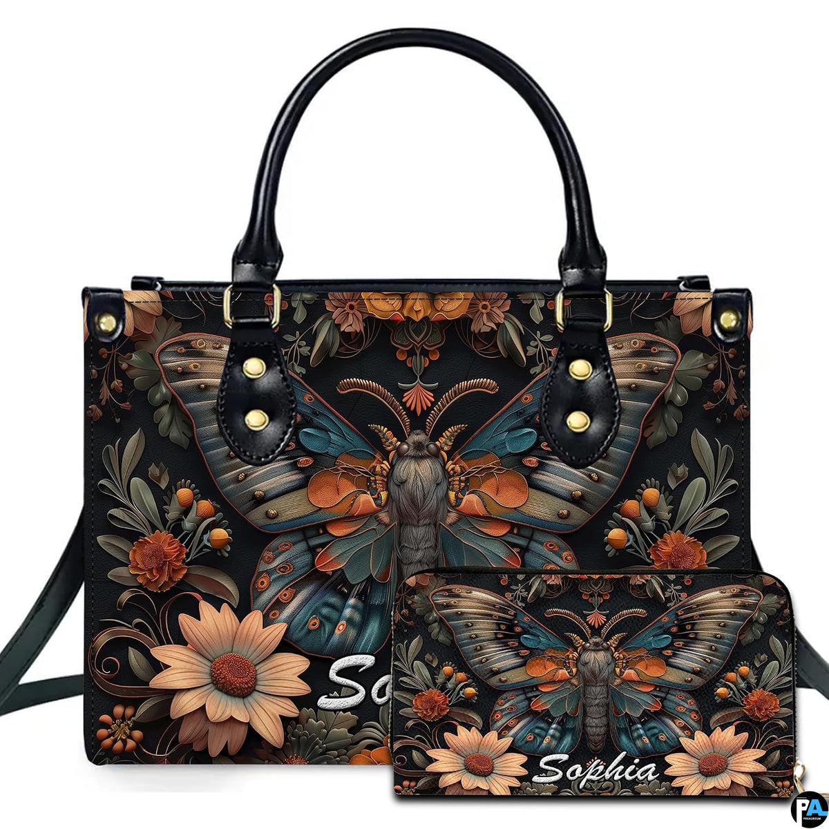 Gothic peacock moth botanical handbag and matching wallet set