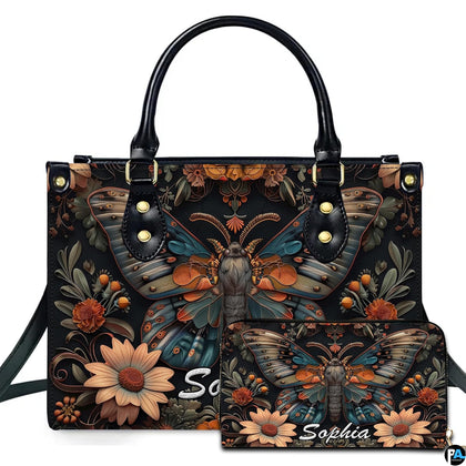 Gothic peacock moth botanical handbag and matching wallet set