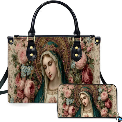 Front view of religious handbag featuring praying Virgin Mary portrait with jeweled halo and pink roses