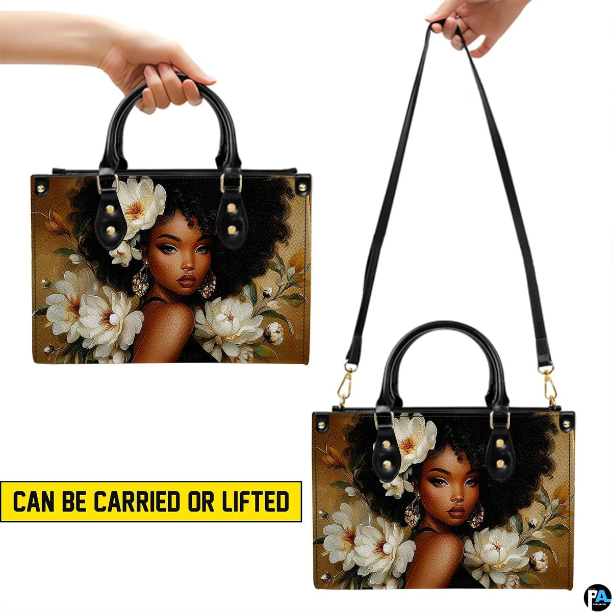 Demonstration displaying handheld lift and hanging options for the floral afro portrait item.