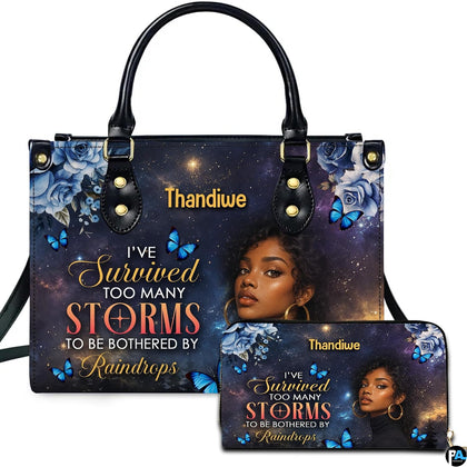Celestial woman painting depicting an illustrated portrait and blue butterflies on companion accessories.