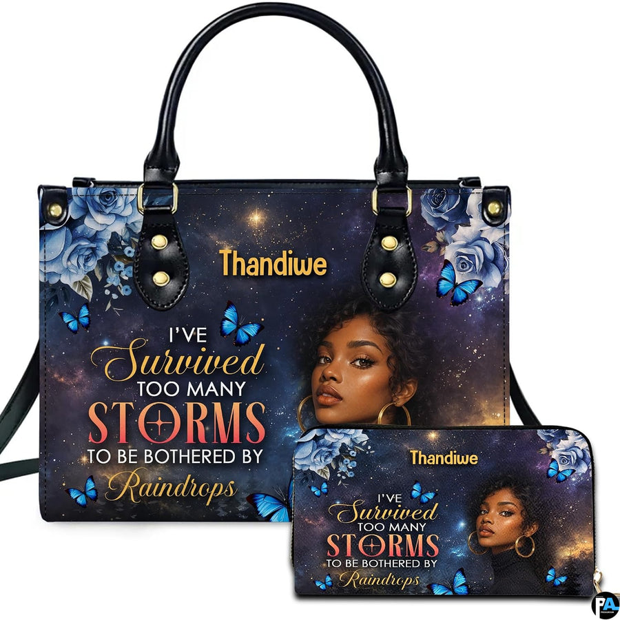 Celestial woman painting depicting an illustrated portrait and blue butterflies on companion accessories.