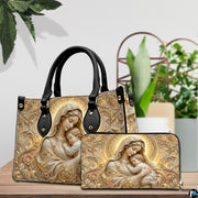 Model holding baroque golden sculpted Madonna and Child relief handbag outdoors