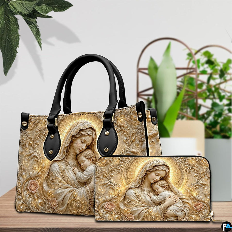 Model holding baroque golden sculpted Madonna and Child relief handbag outdoors