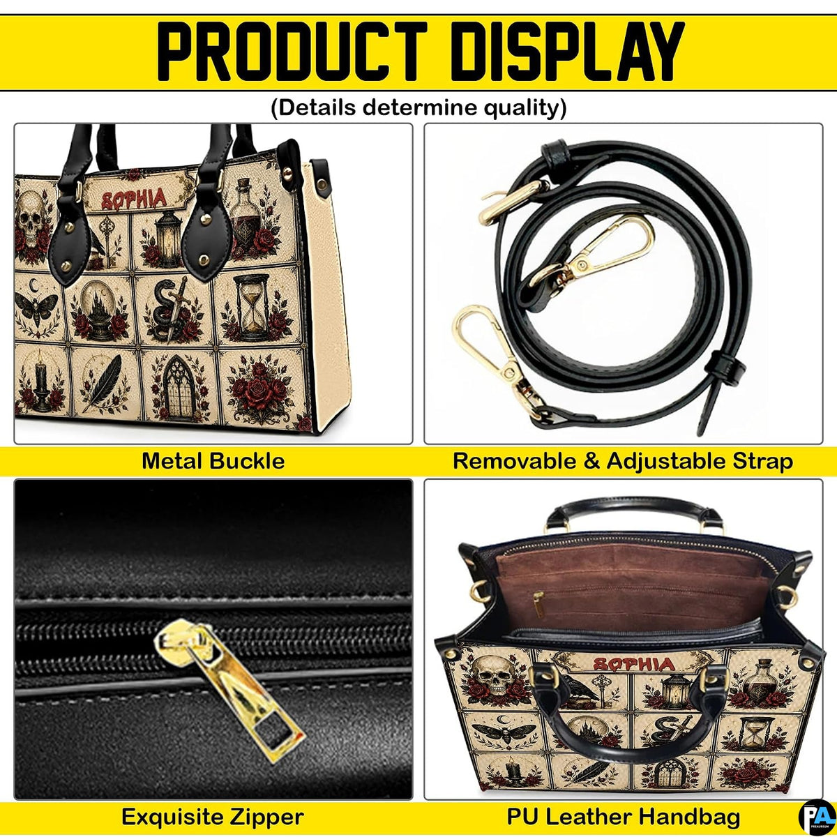 Detail view highlighting metal fittings, shoulder strap attachments, and exterior construction accents.