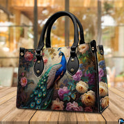 Front view of vintage peacock purse with cream and pink roses