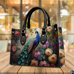 Front view of vintage peacock purse with cream and pink roses
