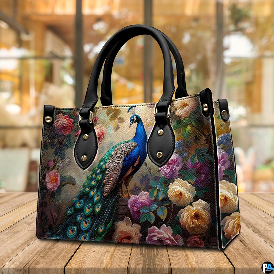 Front view of vintage peacock purse with cream and pink roses