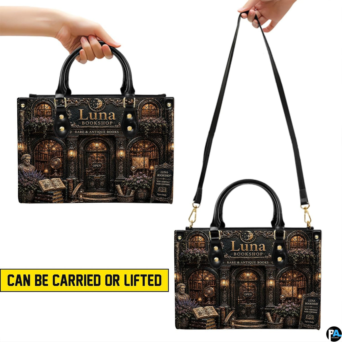 Carrying demonstration showing handheld and shoulder styling options for the dark academia library art accessory.